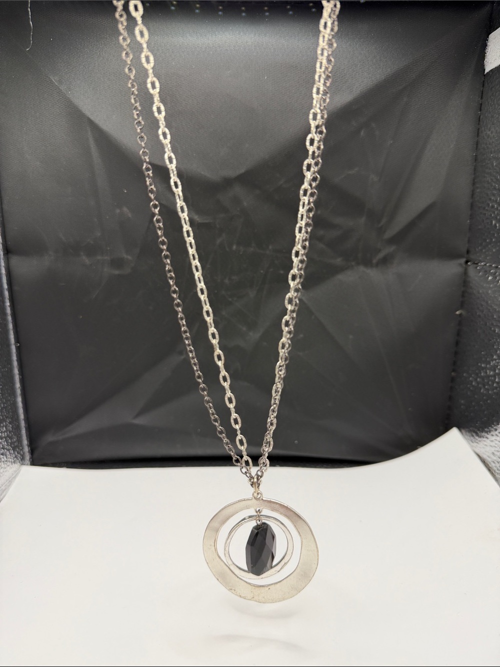 NY Silver Tone Multi Strand Black Teardrop Pendant Necklace